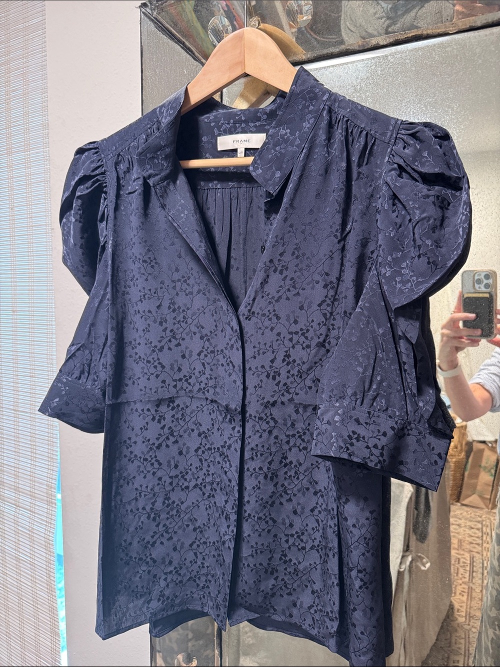 Frame Silk Navy Jacquard Puff Sleeve Blouse